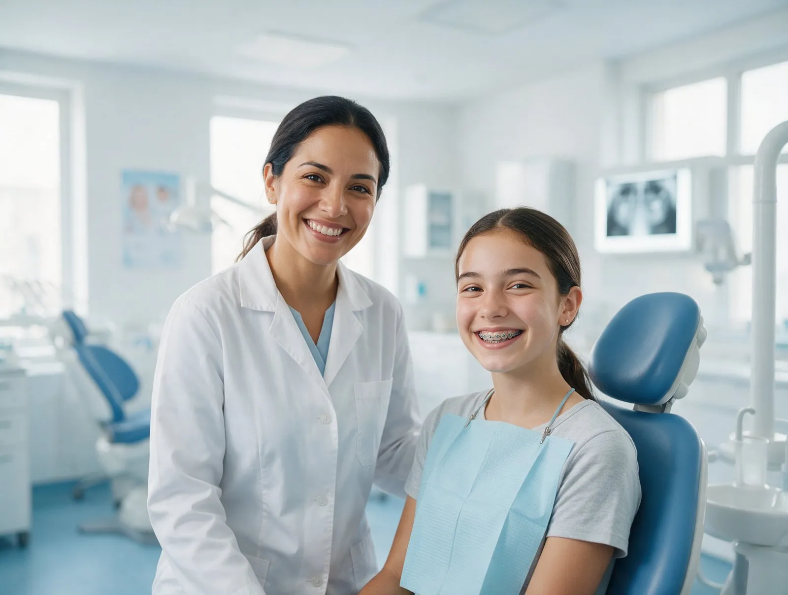 Dentista junto a paciente adolescente en la clínica